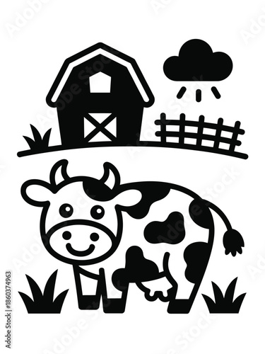 Happy cow on farm isolated on white background, Vector, illustration