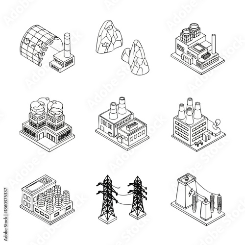Set of Isometric Industrial Buildings and Power Transmission Towers for Manufacturing and Energy Concepts.