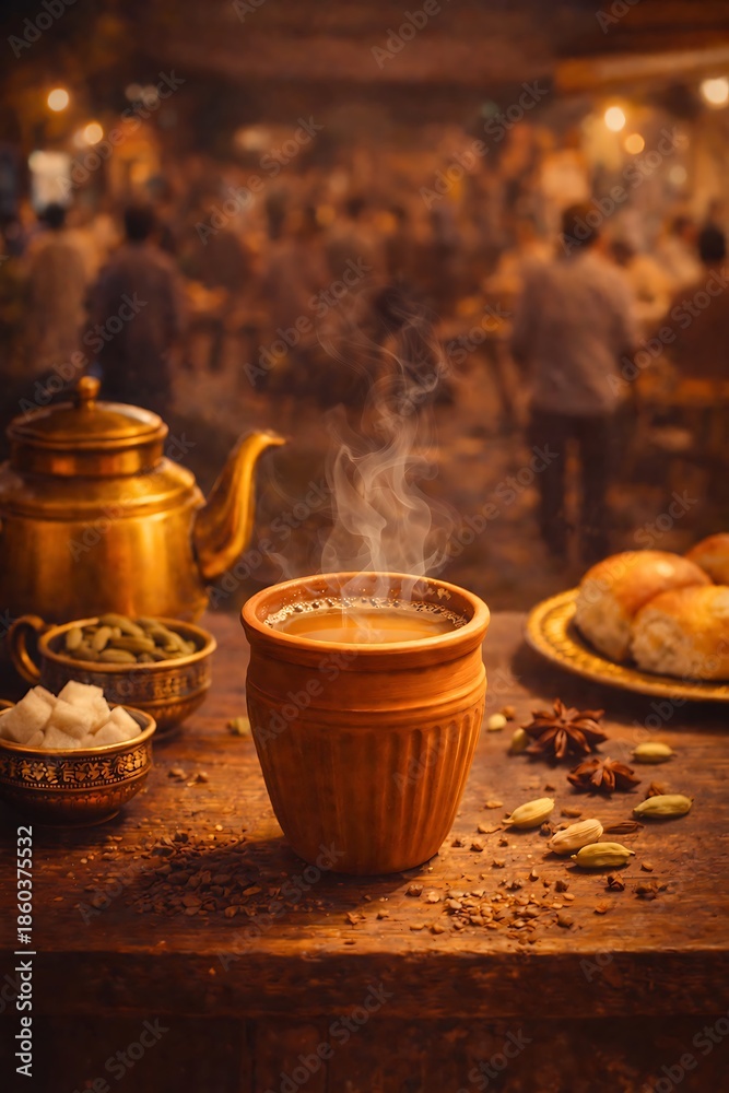 Fototapeta premium Steaming Chai Tea in Traditional Clay Cup, Spices & Teapot on Rustic Table, Busy Market Background