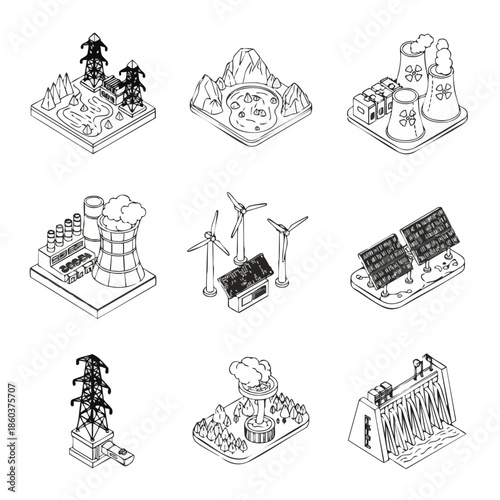Vector Illustration of Various Energy Sources Including Nuclear, Solar, Wind, Hydro, and Geothermal Power.