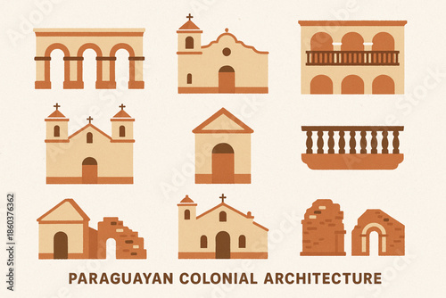 Paraguayan colonial architecture vector icons rugged flat style