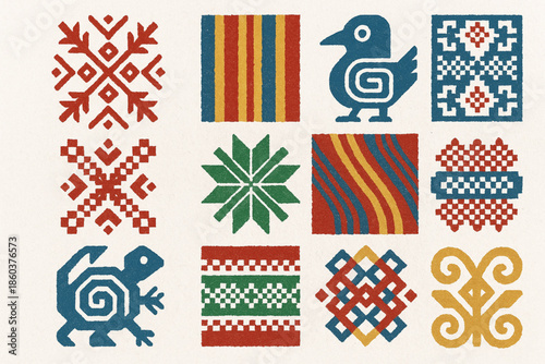 Paraguayan textile craft vector icons rugged flat style