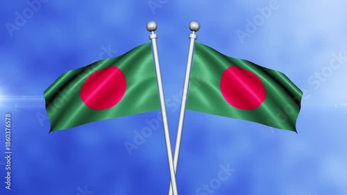 Bangladesh Crossed Flags Waving in Blue Sky Loop Animation | Realistic 3D National Flag Background