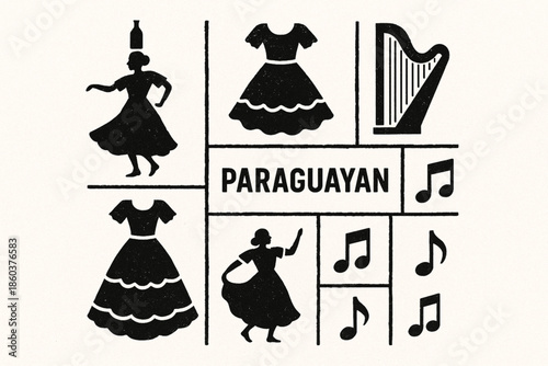 Paraguayan traditional dance vector icons rugged flat style