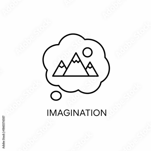 Simple black and white icon representing imagination with mountains in a thought bubble