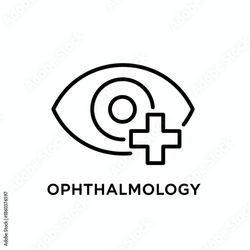 A simple line icon representing ophthalmology with an eye and cross symbol