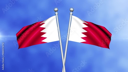 Bahrain Crossed Flags Waving in Blue Sky Loop Animation | Realistic 3D National Flag Background