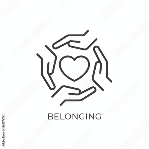 Hands forming a circle around a heart, embodying unity and love as a single, powerful belonging icon