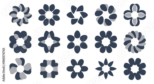 A collection of abstract circular patterns, including floral and gear-like designs, in varying shades of blue and gray.