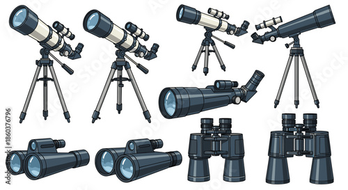 Scientific observation equipment set features various types of telescopes and binoculars for stargazing and exploring the natural world.
