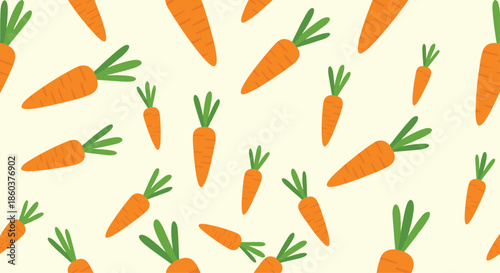 Seamless background pattern featuring many orange carrots with green tops provides a fun and healthy food illustration for kitchen designs.
