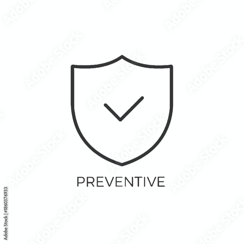 Simple black icon shield with checkmark symbolizing security and preventative measures in a clean graphic illustration