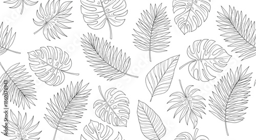 Seamless tropical leaf pattern featuring detailed black and white sketches of monstera and palm leaves on a plain white background for art.