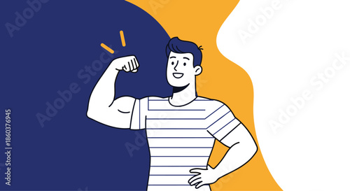 Strong young man in a striped shirt confidently flexing his large bicep muscle to show his strength and fitness achievements at the gym.