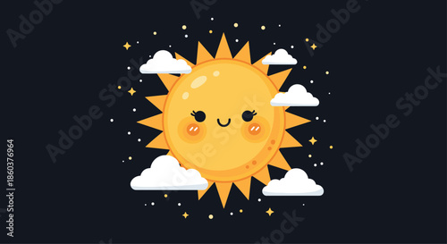 Happy cartoon sun with a smiling face surrounded by soft clouds and twinkling stars in a dark night sky for cute kids room wall decoration.