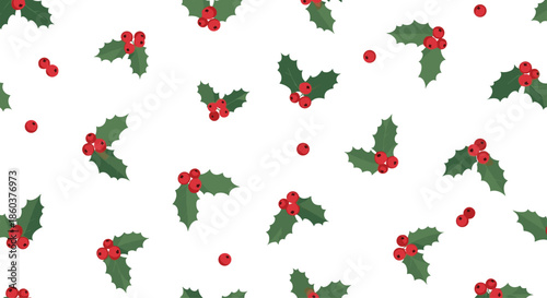 Christmas themed seamless pattern featuring green holly leaves and bright red berries on a clean white background for winter holiday season.