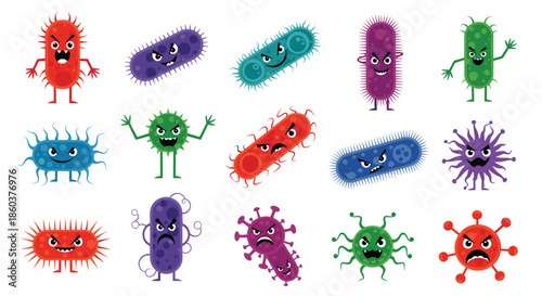 Set of diverse cartoon microbes and bacteria characters with different colors, shapes, and funny facial expressions for biology education.