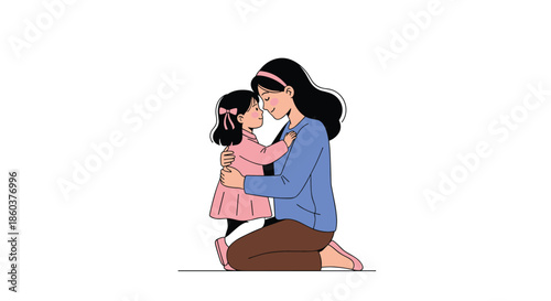 Heartwarming illustration of a mother lovingly hugging her young daughter in a pink dress against a clean and plain white studio background.