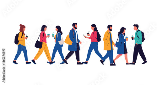 Diverse group of people in casual and professional attire walking together representing a busy city crowd of commuters on an urban street.