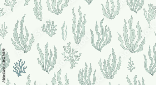Calm underwater seamless pattern featuring various types of seaweed and coral in soft green and blue tones on a clean light background.