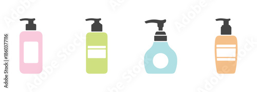 Fascial and skin care, beauty product notion. Modern vector flat illustration. A range of different makeup bottles. Cleanser, exfoliator, mask, eye and face cream, sun protection icon set.