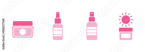Fascial and skin care, beauty product concept. A contemporary vector illustration. A variety of makeup bottles. Cleanser, exfoliator, mask, eye and face cream, sun protection icon set.