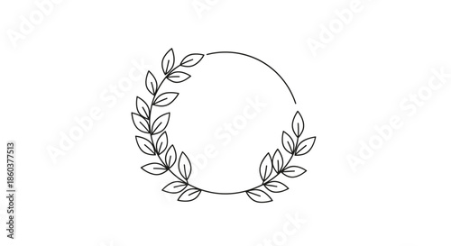 Delicate hand-drawn botanical circular frame featuring a partial leafy wreath design, suitable for elegant wedding, logo, or invitation decor.