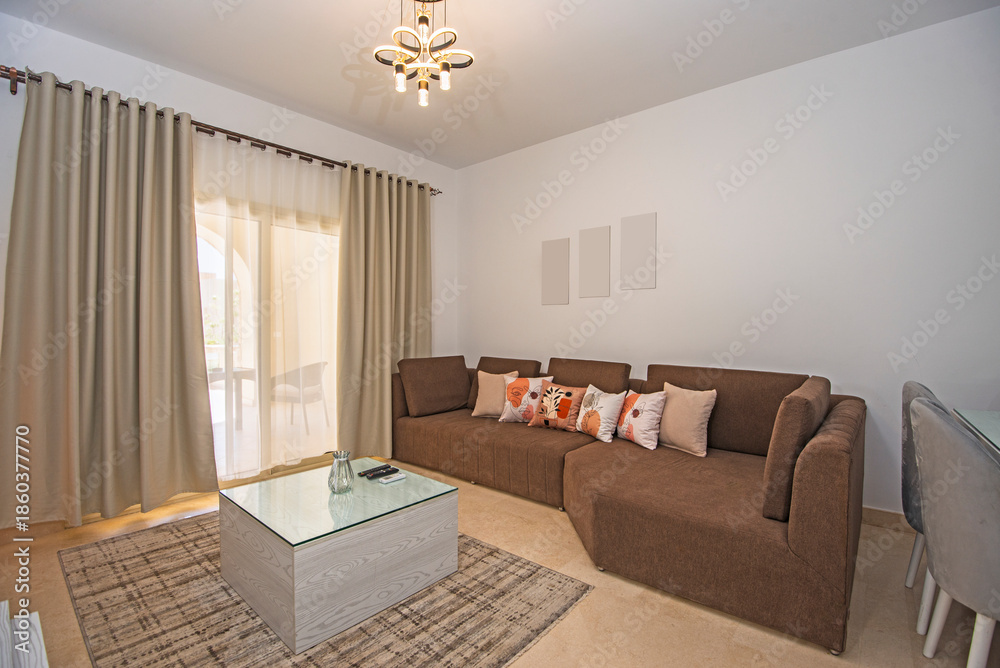Fototapeta premium Interior design of luxury apartment living room with balcony terrace