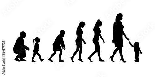 Stages of Human Life Silhouette Female Aging Process from Infancy to Senior Isolated Vector