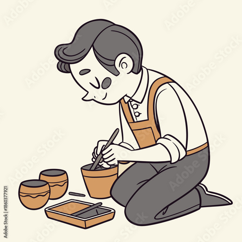 Potter crafting clay with tools on knees