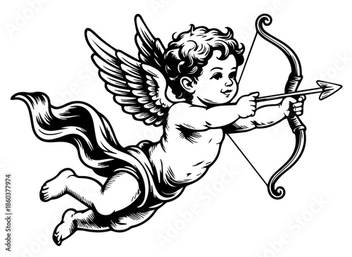 Drawing of adorable Cupid with bow illustration. God of love, Amor, Eros or mythological character with wings. Monochrome vector illustration.