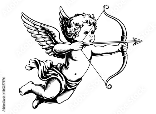 Drawing of adorable Cupid with bow illustration. God of love, Amor, Eros or mythological character with wings. Monochrome vector illustration.