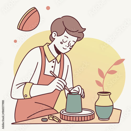 Potter shaping clay on a wheel with tools