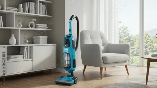 Blue Cordless Vacuum Cleaner in Living Room.