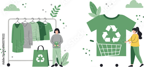 Sustainable fashion, eco-friendly clothing, recycling symbol, green shopping, ethical wardrobe, conscious consumer, nature elements, flat vector illustrationSustainable fashion,