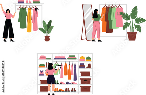 Wardrobe organization, fashion styling, clothing rack, mirror reflection, closet management, personal fashion, dressing room, trendy outfits, flat vector illustration