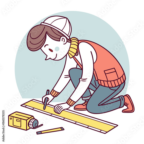 Young architect drawing with ruler and pencil