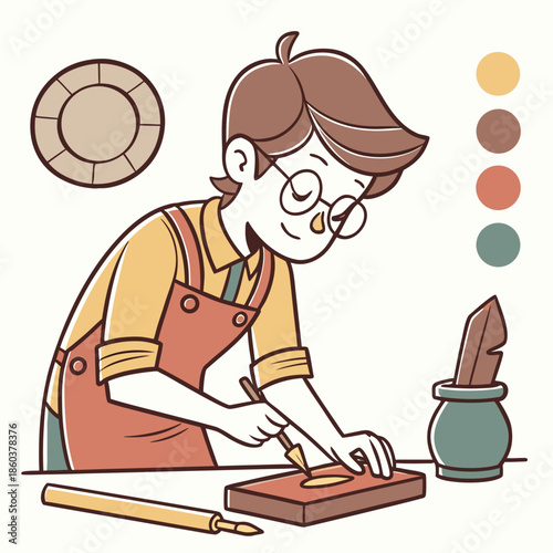 Young artist crafting pottery with tools and inkwell