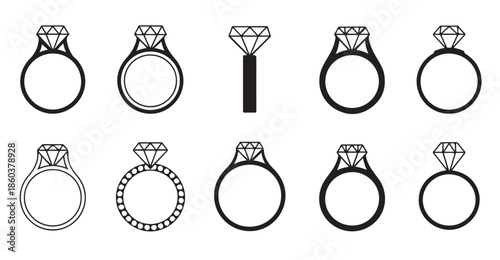 Minimalist engagement ring silhouette icons featuring bold black bands and diamond outlines