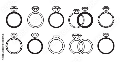 Set of black line diamond engagement rings for wedding anniversary vector illustration