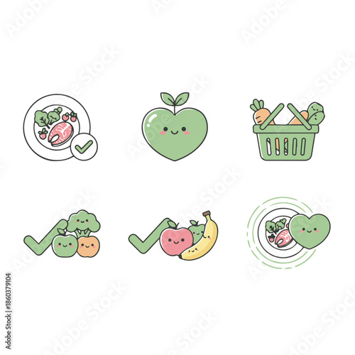 Healthy Eating Icons Set. Cute line art graphics illustrating fresh fruits, vegetables, and balanced nutrition for a wholesome diet and vibrant well-being