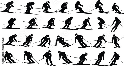Alpine Skiing Action Silhouette Sequence Showing Downhill Turns And Dynamic Winter Sports Motion Isolated On White Background Illustration