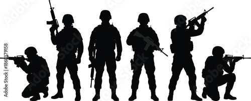 Armed military soldier silhouettes squad with rifles in combat poses representing modern army defense forces isolated on white backgroundWeb
