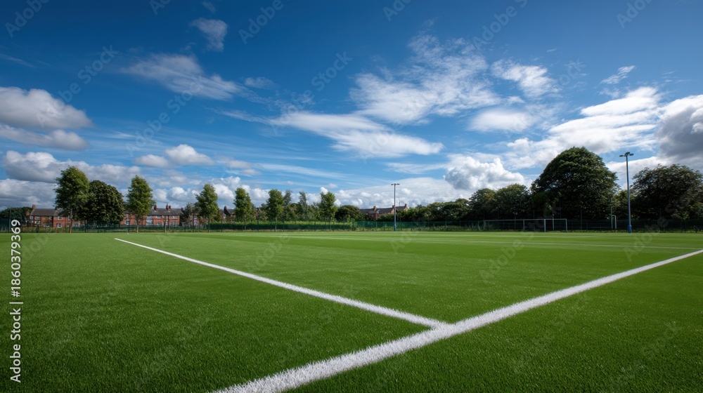 Fototapeta premium Freshly Painted Sports Ground with Markings under a Clear Blue Sky