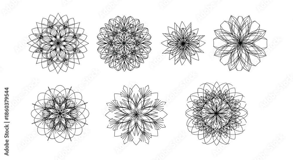 Obraz premium Collection of intricate black and white mandala designs with complex geometric patterns resembling symmetrical floral shapes.