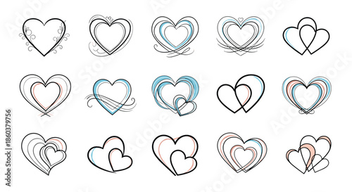 Diverse set of heart icons in black, blue, and pink featuring double hearts, decorative swirls, and dotted outlines.
