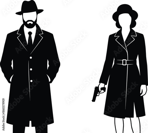 Classic noir detective silhouettes of man and woman with trench coats and handgun representing mystery, espionage, and retro crime drama isolated on white backgroundWeb