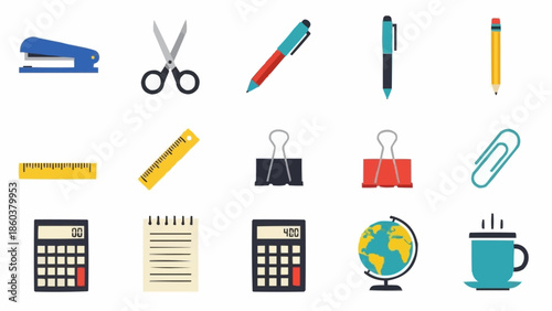 Office Supplies and Stationery Flat Lay Illustration.