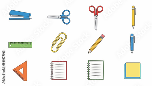 Collection of colorful stationery items for school and office use.