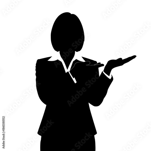 Silhouette of a businesswoman presenting or offering something.